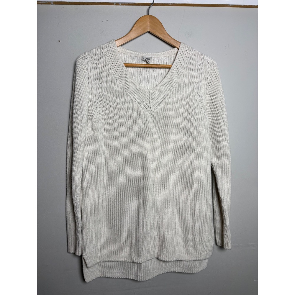 L.L.Bean Shaker Stitch V-Neck Sweater Women's XL Cream Cotton Cozy